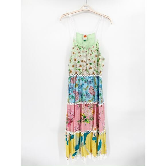 Farm Rio Mixed Floral Print Multicolor Tiered Paneled Halter Midi Dress Size M - Picture 3 of 7